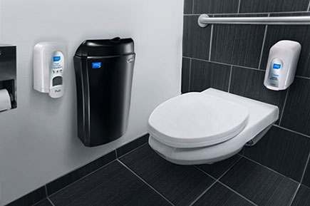 Clean toilet with a trash can and sanitiser